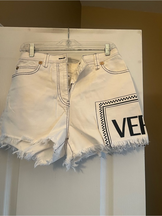 Versace Pants - Versace White Denim Frayed Hem Shorts with Black Logo Panel
